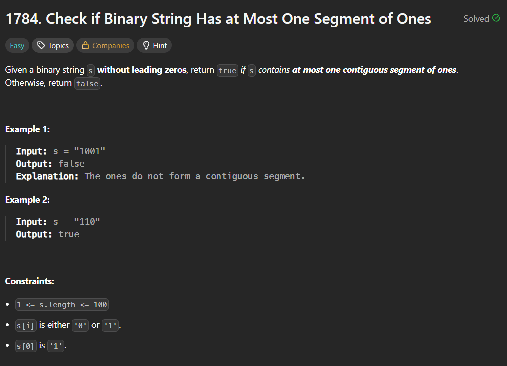 Check if Binary String Has at Most One Segment of Ones – Java Solution (LeetCode 1784)