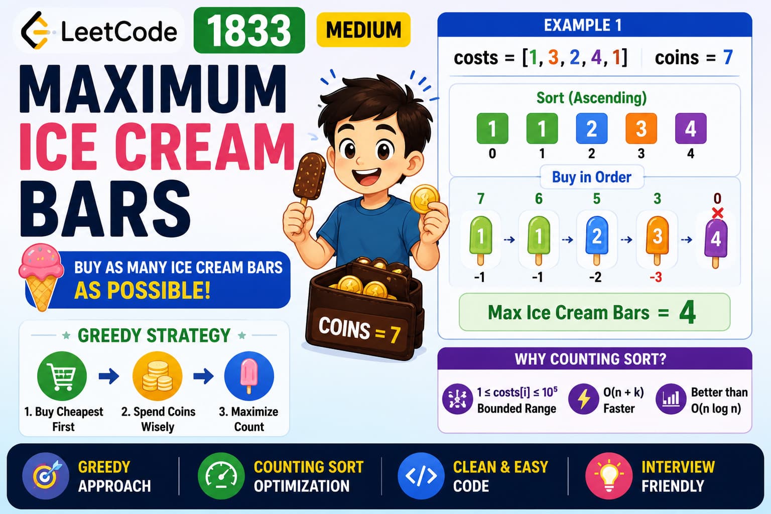 LeetCode 1833: Maximum Ice Cream Bars – Java Greedy & Counting Sort Solution Explained